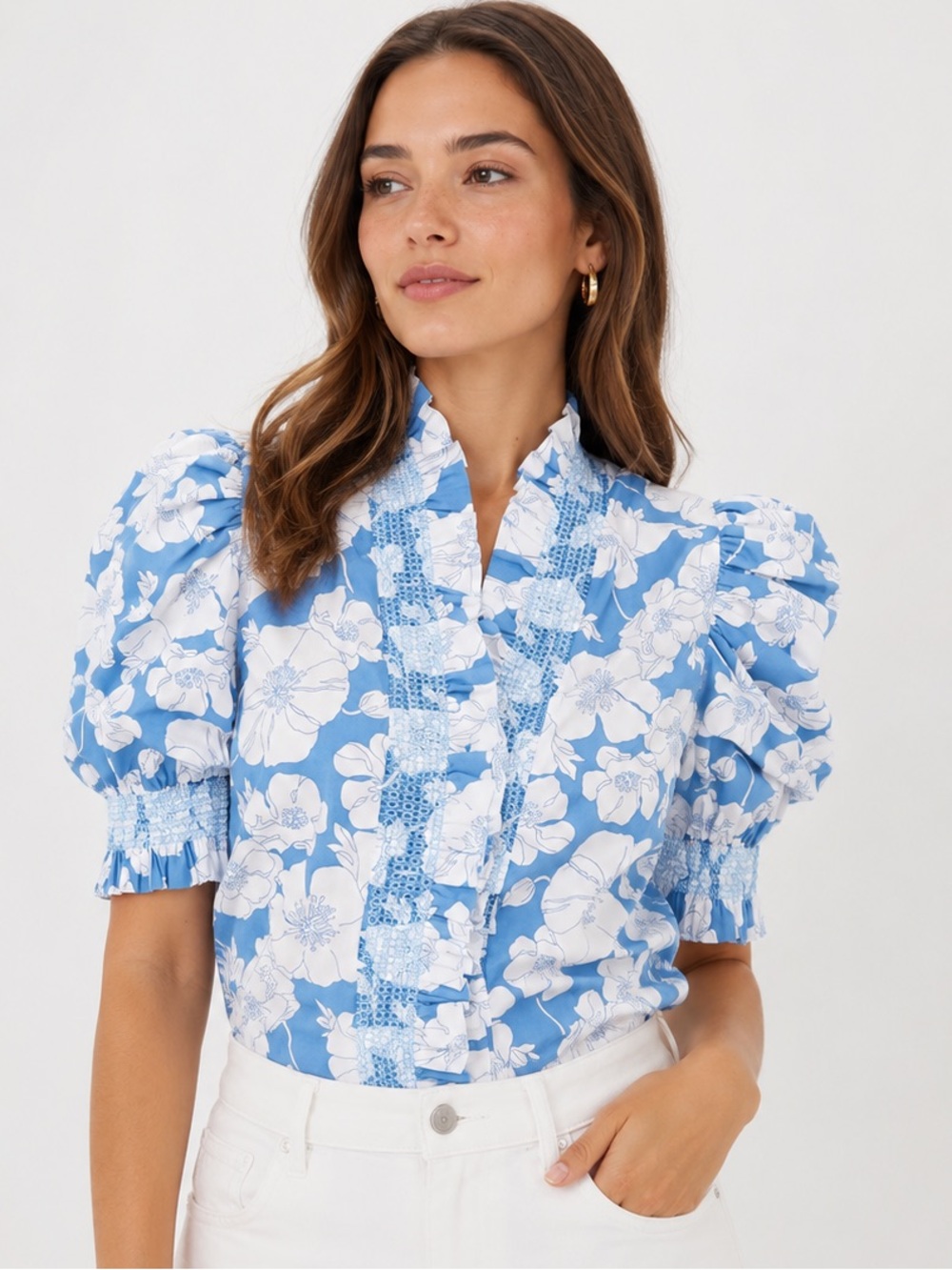 ENGLISH FACTORY Blue Floral Ruffle Neck Aria Blouse - Picture 6 of 9